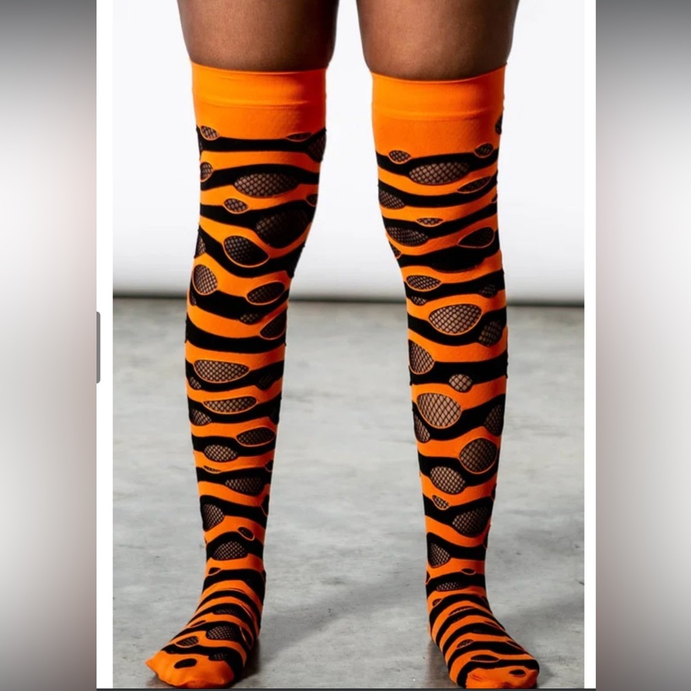 Killstar Orange and Black Lace Cut Out Knee Socks